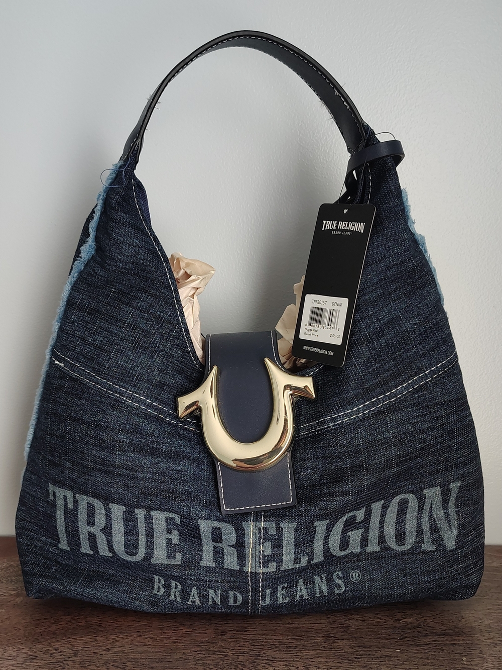 True Religion Dark Blue Denim Shoulder Bag with Gold-Tone Accent